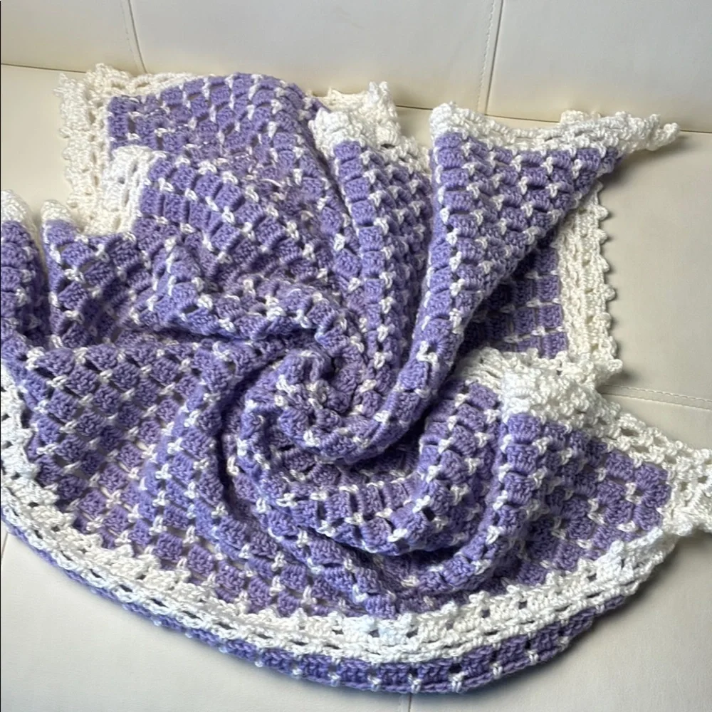 Handmade Purple and White Crochet Throw Blanket